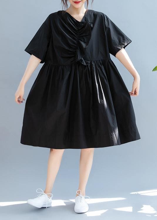 Belle robe noire pour femme, col en V, cintrée, ligne A, robe d'été