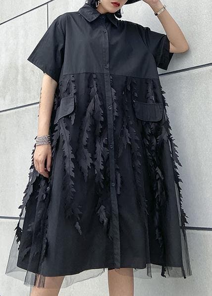 Beautiful lapel tulle Cotton summer clothes For Women Shape black Dress