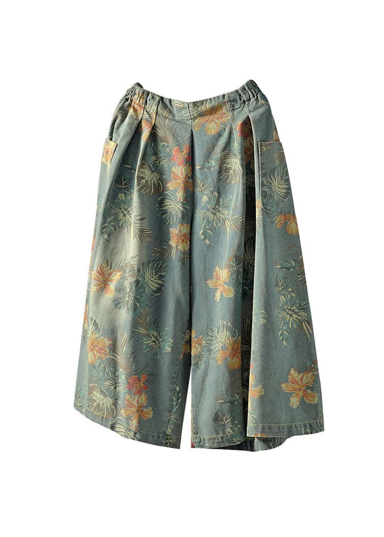 Beautiful light Blue elastic waist Pockets Print Cotton wide leg Pants Spring