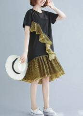 Beautiful o neck Ruffles Cotton summer clothes For Women black Dresses