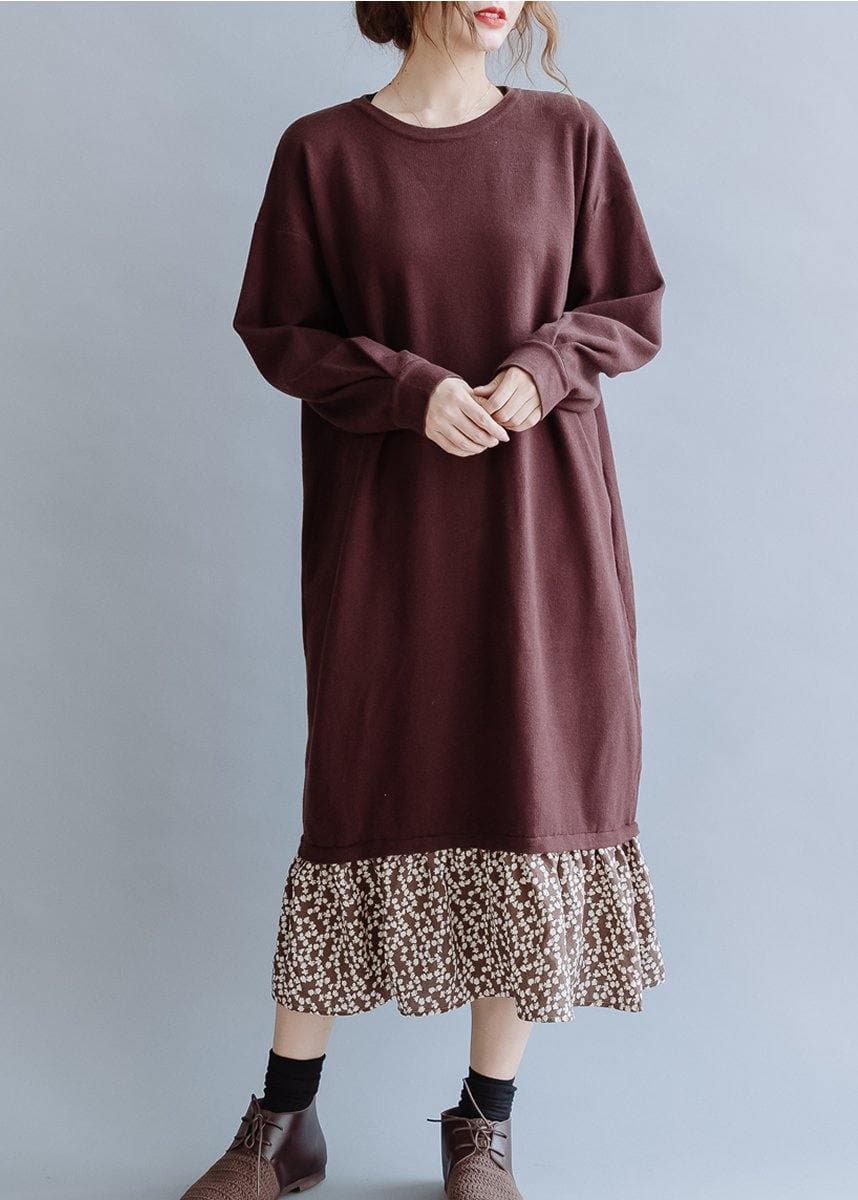 Beautiful o neck asymmetric false two pieces fall clothes For Women Outfits brown loose Dress