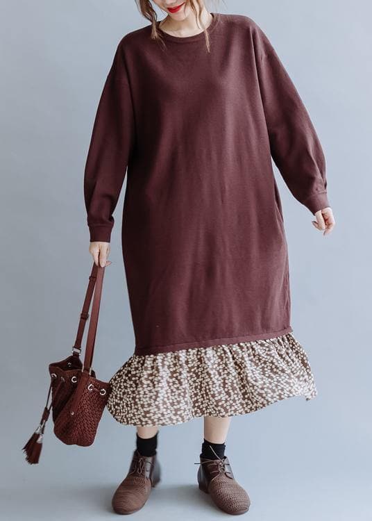 Beautiful o neck asymmetric false two pieces fall clothes For Women Outfits brown loose Dress