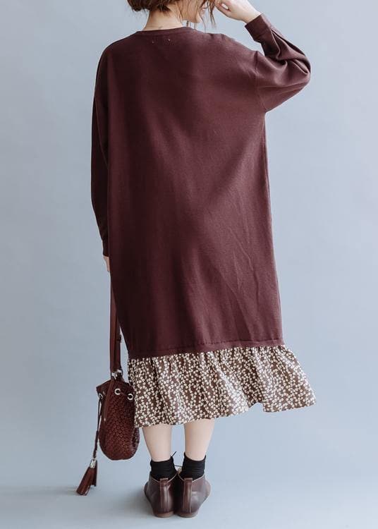 Beautiful o neck asymmetric false two pieces fall clothes For Women Outfits brown loose Dress