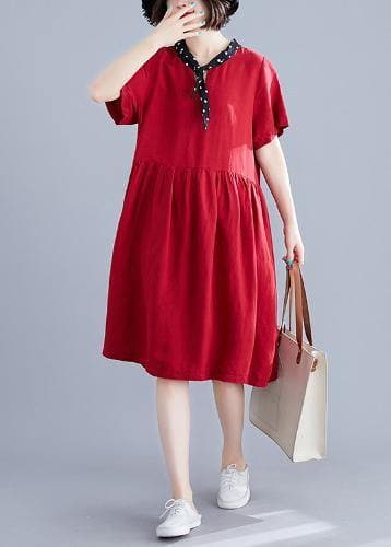 Beautiful red Cotton clothes v neck Cinched cotton Dresses