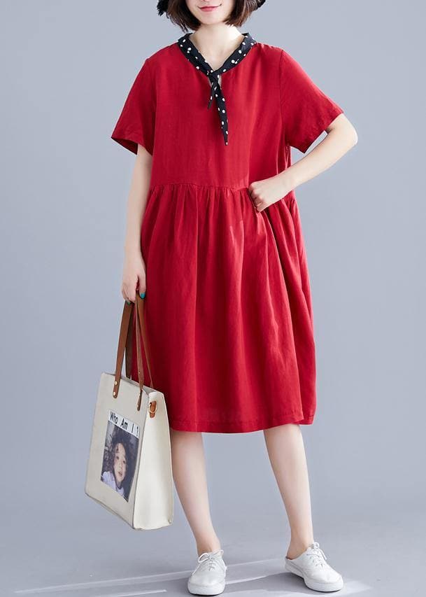 Beautiful red Cotton clothes v neck Cinched cotton Dresses