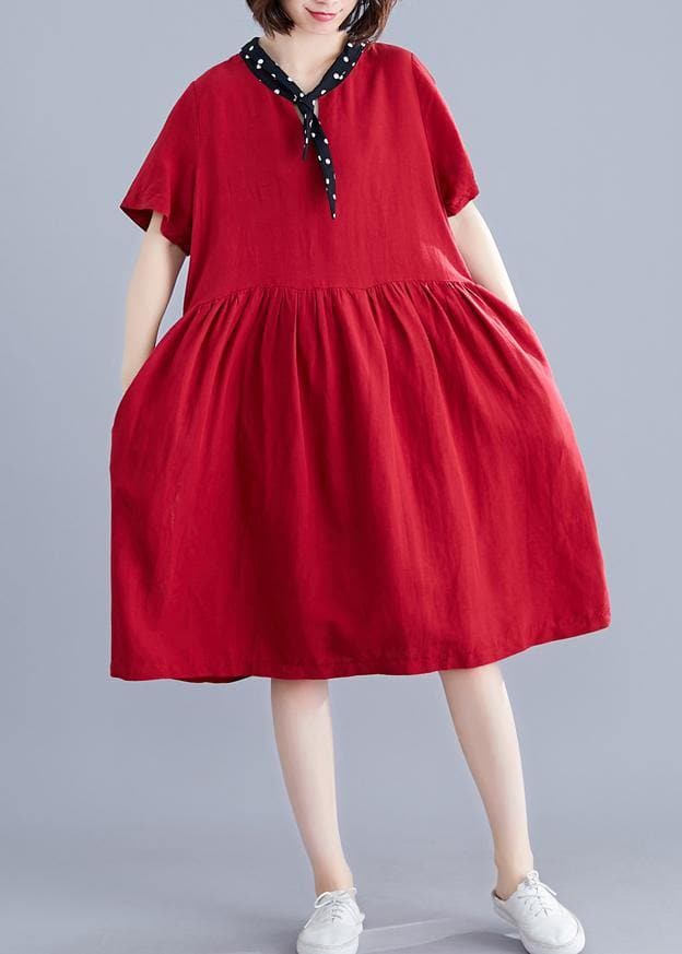 Beautiful red Cotton clothes v neck Cinched cotton Dresses