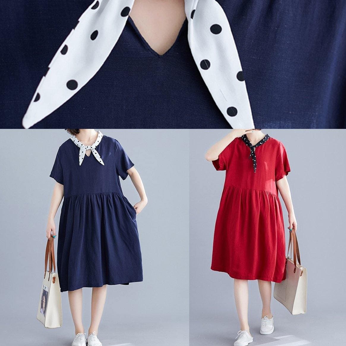 Beautiful red Cotton clothes v neck Cinched cotton Dresses