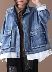 Beautiful stand collar zippered Fine crane coats denim blue Art women coats