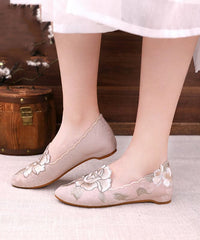 Beige Flat Feet Shoes Handmade Embroideried Cotton Fabric Pointed Toe Flat Shoes