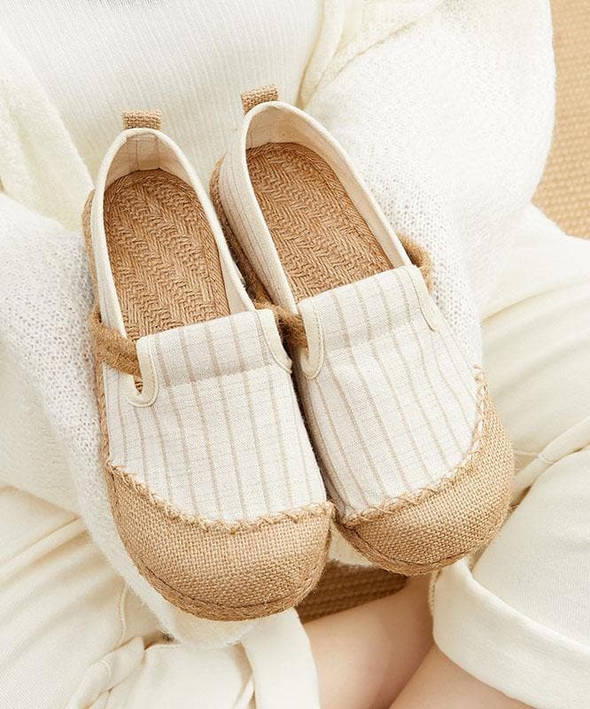 Beige Striped Cotton Linen Flat  Flat Shoes For Women