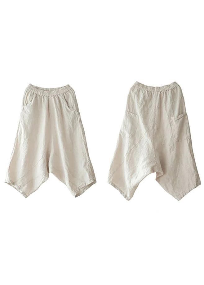 Beige Women Casual Solid Color Linen Pocket Pants