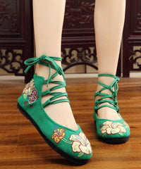 Black Cotton Fabric Embroideried Flats Handmade Cross Strap Flat Feet Shoes