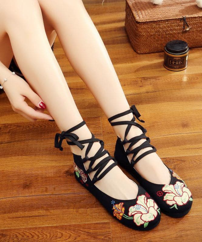 Black Cotton Fabric Embroideried Flats Handmade Cross Strap Flat Feet Shoes