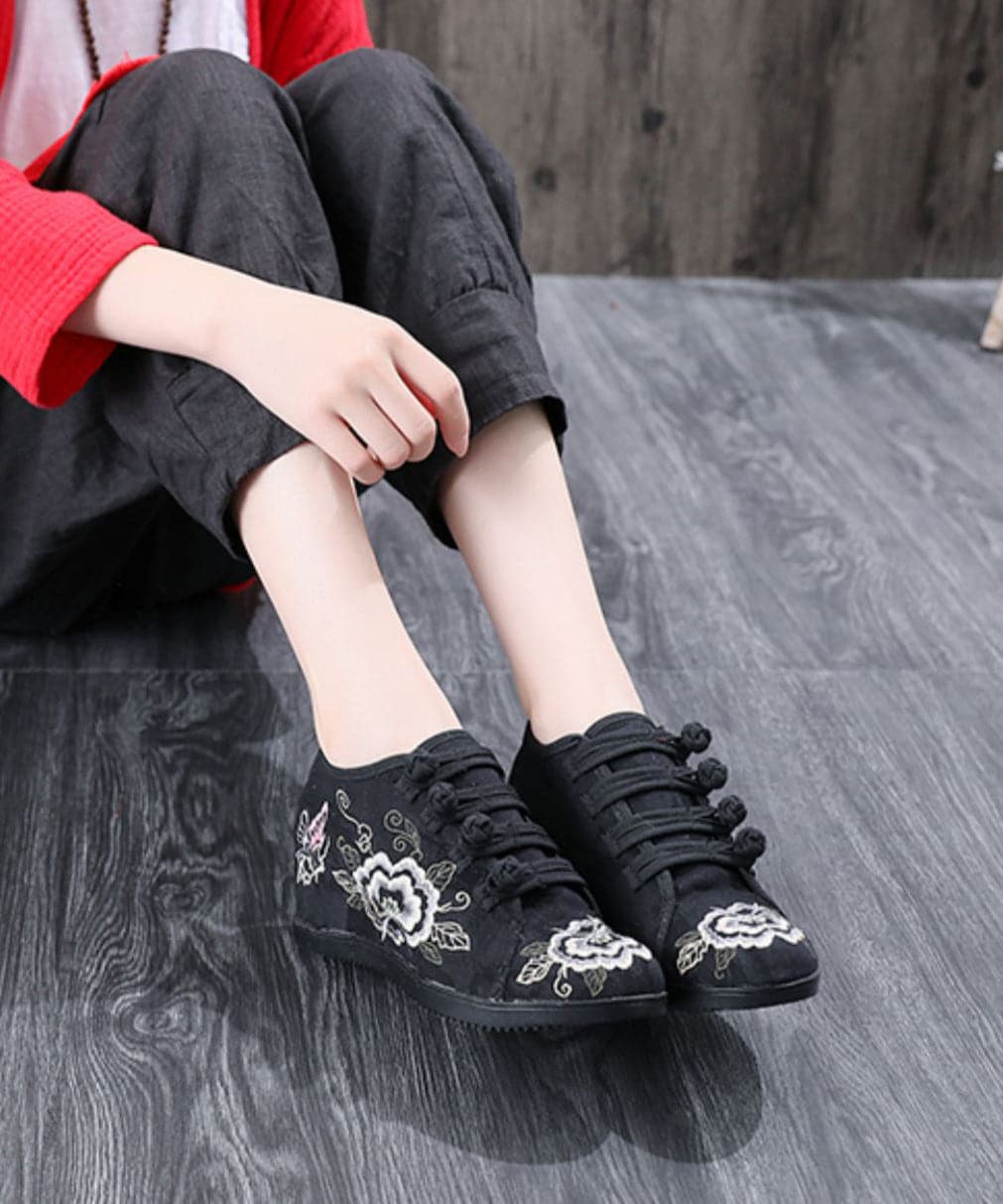 Black Cotton Fabric High Wedge Heels Shoes Embroideried Buckle Strap Flat Shoes For Women