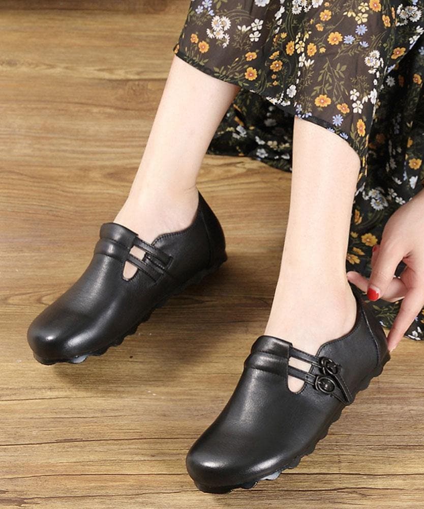 Black Cowhide Leather Flat Shoes Buckle Strap Flats