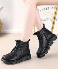 Black Cross Strap Cowhide Leather Boots Hollow Out Boots