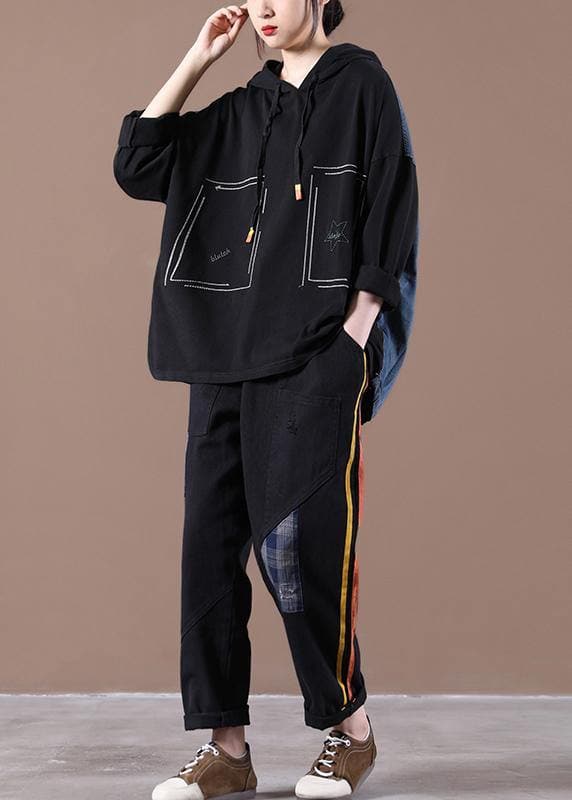 Black Denim StitChing Embroidery Casual Suit