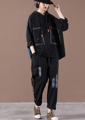 Black Denim StitChing Embroidery Casual Suit