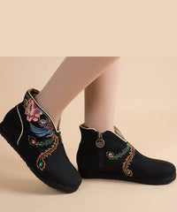 Black Embroideried Boots Cotton Fabric 2022 Zippered Ankle Boots