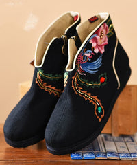 Black Embroideried Boots Cotton Fabric 2022 Zippered Ankle Boots