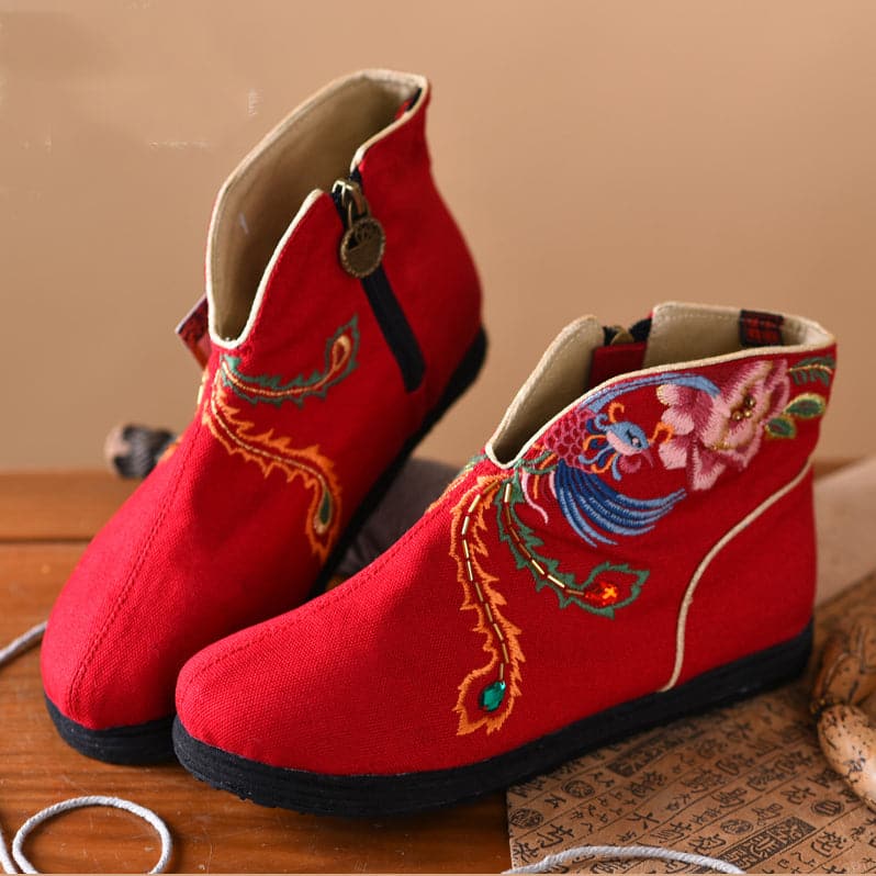 Black Embroideried Boots Cotton Fabric 2022 Zippered Ankle Boots