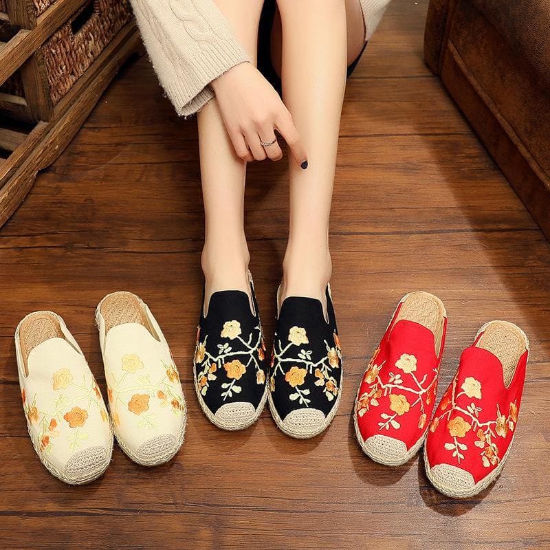 Black Embroideried Cotton Fabric Slippers Shoes