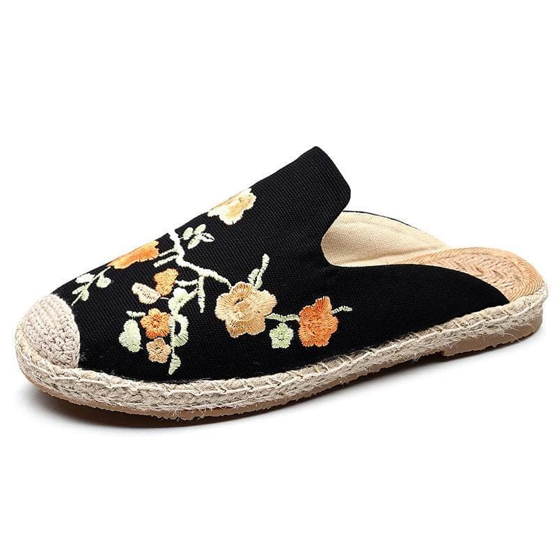 Black Embroideried Cotton Fabric Slippers Shoes