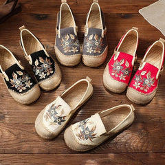 Black Embroideried Cotton Linen Fabric Splicing Flat Shoes