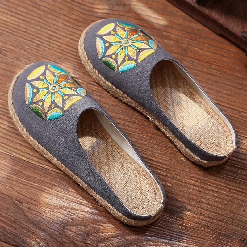 Black Embroideried Cotton Linen Slippers Shoes