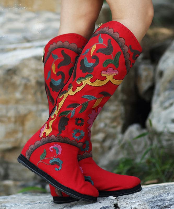 Black Embroideried Cowgirl Boots Cotton Fabric zippered Knee Boots