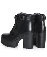 Black Faux Leather Boots Cross Strap Chunky Heel