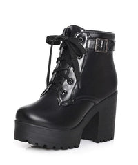 Black Faux Leather Boots Cross Strap Chunky Heel