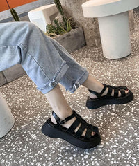 Black Faux Leather Flat Sandals Buckle Strap Hiking Sandals