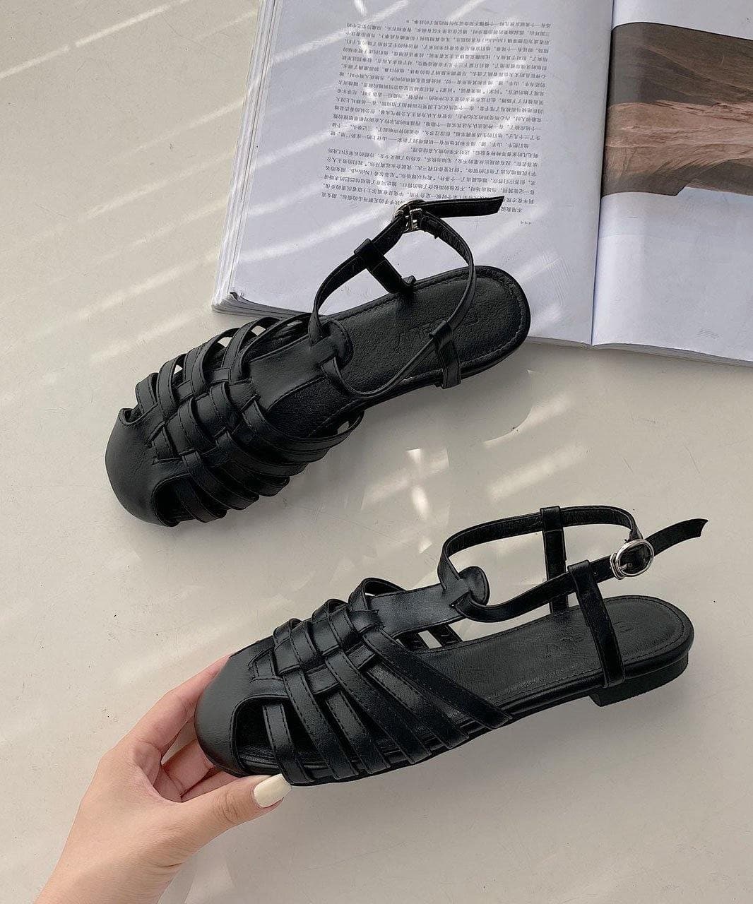 Black Flat Sandals Faux Leather Comfy Buckle Strap Water Sandals