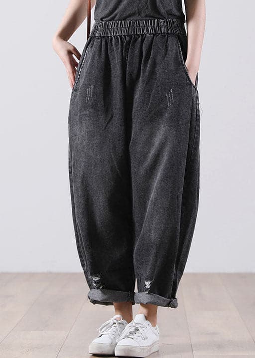 Black Pockets Cotton Denim Harem Pants High Waist Hole Fall