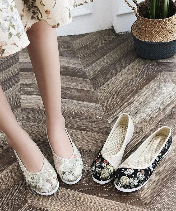 Black Print Linen Fabric Stylish Splicing Flats