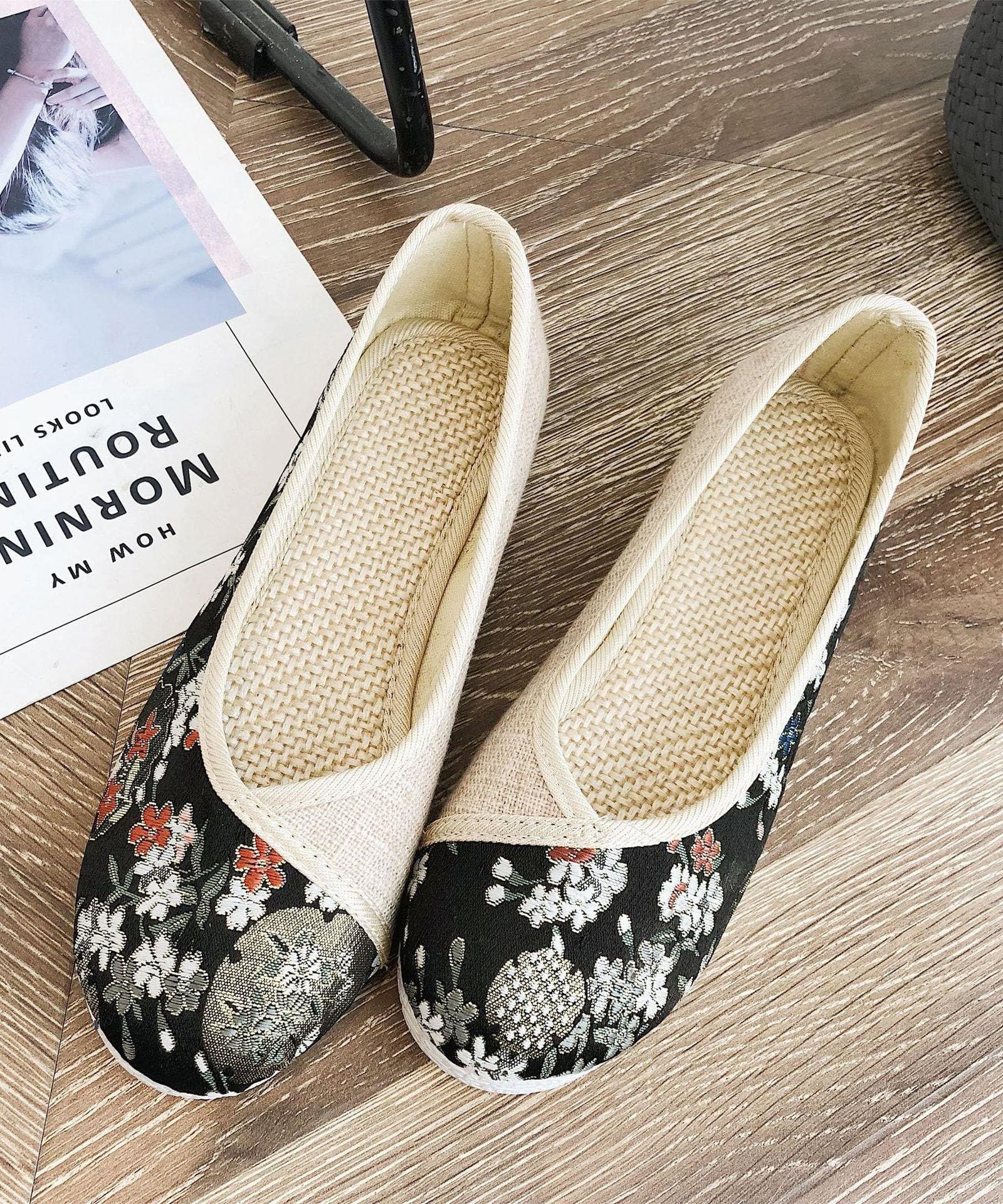 Black Print Linen Fabric Stylish Splicing Flats