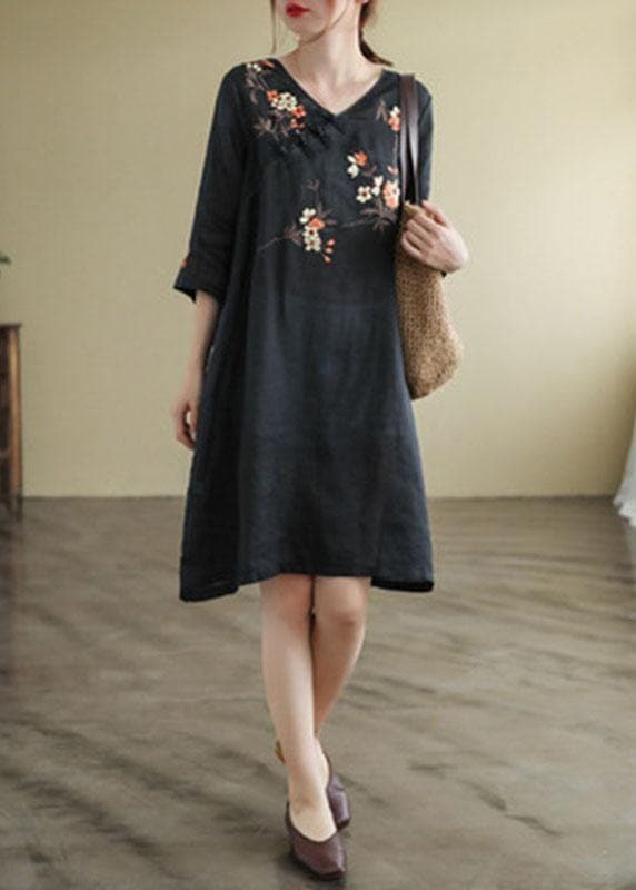 Black V Neck Embroideried  Button Three Quarter Sleeve Fall Dresses