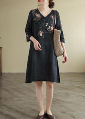 Black V Neck Embroideried  Button Three Quarter Sleeve Fall Dresses