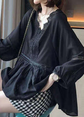 Black V Neck Hollow Out Lace Top Long Sleeve