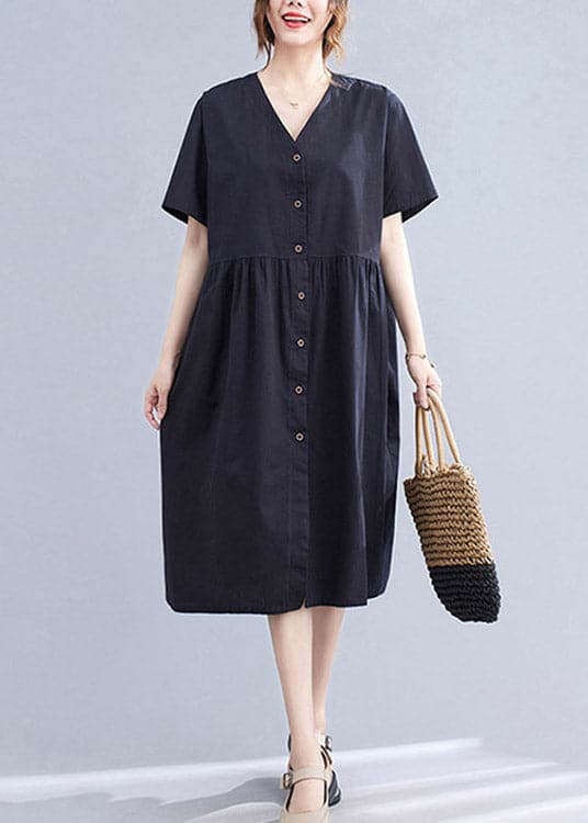 Black V Neck Wrinkled Cotton Long Dress Short Sleeve