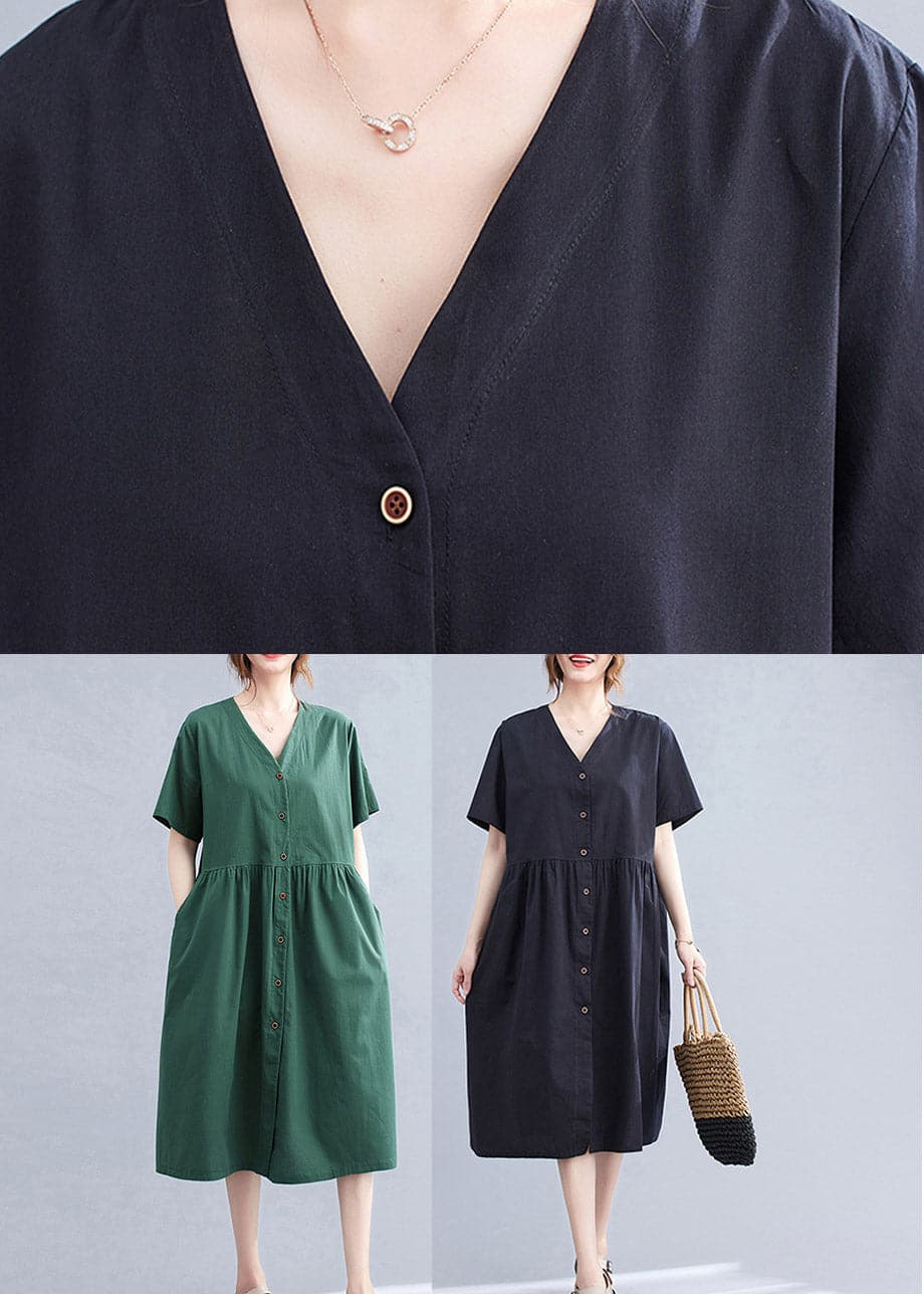 Black V Neck Wrinkled Cotton Long Dress Short Sleeve