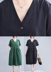 Black V Neck Wrinkled Cotton Long Dress Short Sleeve