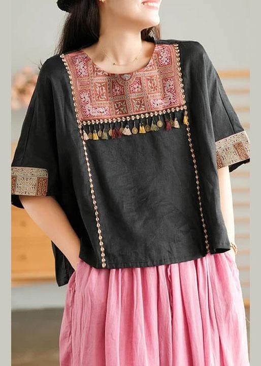 Black Vintage Embroidered Linen Women T-shirt