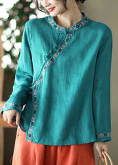 Blue Asymmetrical Design Linen Shirt Embroideried Long Sleeve