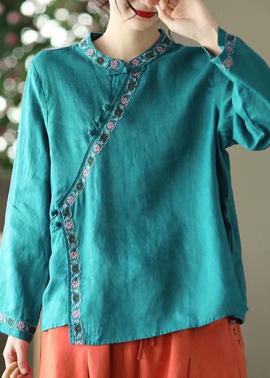 Blue Asymmetrical Design Linen Shirt Embroideried Long Sleeve