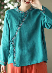 Blue Asymmetrical Design Linen Shirt Embroideried Long Sleeve