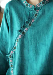 Blue Asymmetrical Design Linen Shirt Embroideried Long Sleeve