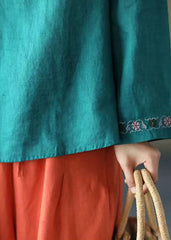 Blue Asymmetrical Design Linen Shirt Embroideried Long Sleeve