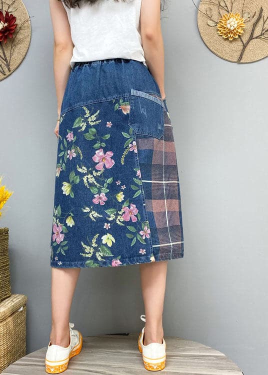 Blue Button Print Patchwork denim Skirt Spring